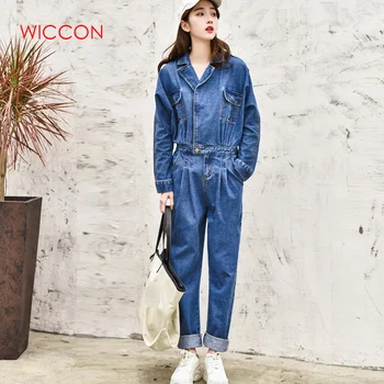

Blue Elegant BF Streetwear Women Denim Jumpsuit Pants 2020 Autumn Long Sleeve High Waist Retro Jeans Overalls Rompers Female