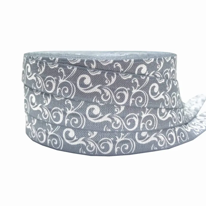 

New Arrived 5/8" Swirl Paisley Print Fold Over Elastic 10yard Gray FOE Ribbon Webbing for Headband DIY Headwear Hair Accessories