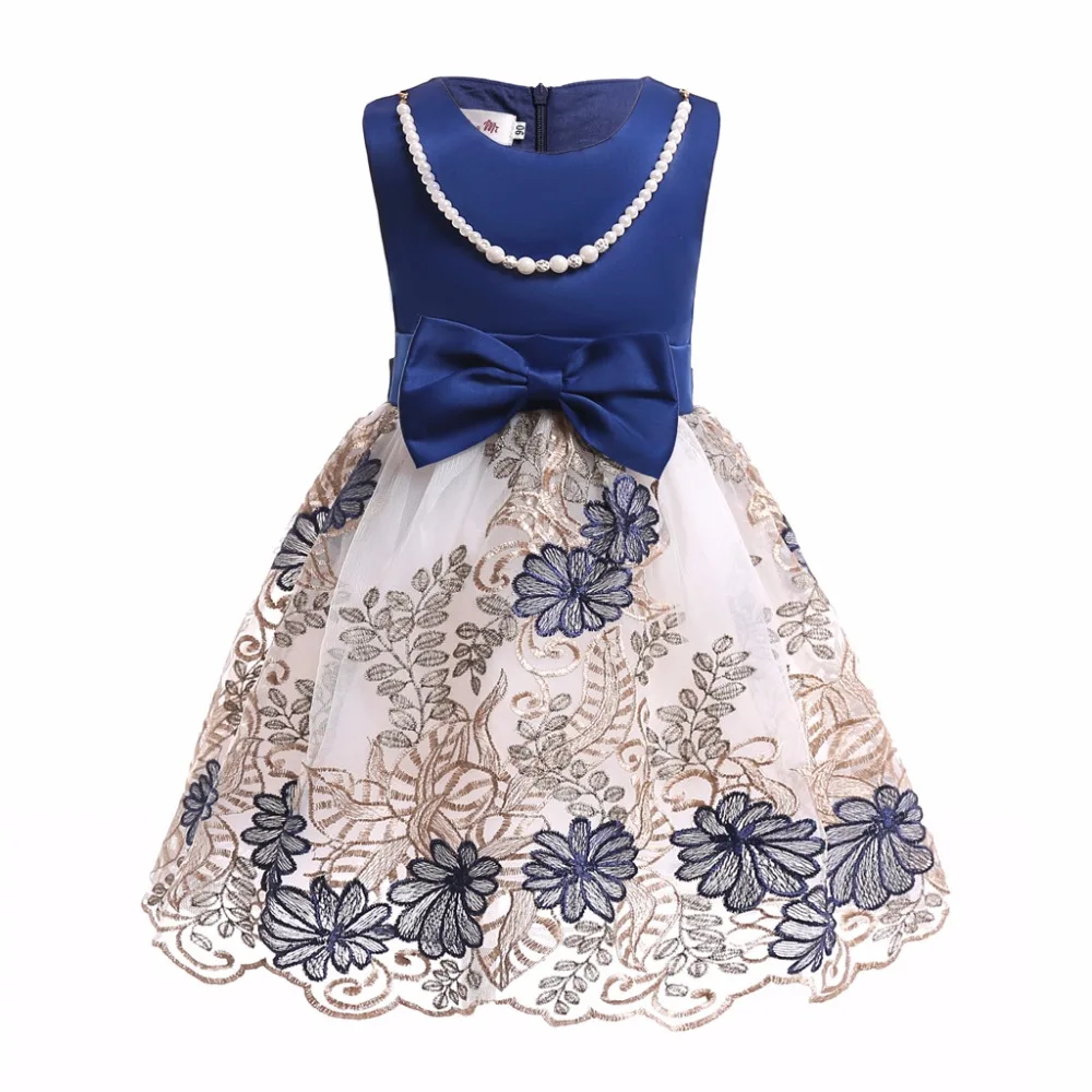 

Embroidered flower mesh small children's dress Europe and the United States new sleeveless pearl chain girls dress 2-9