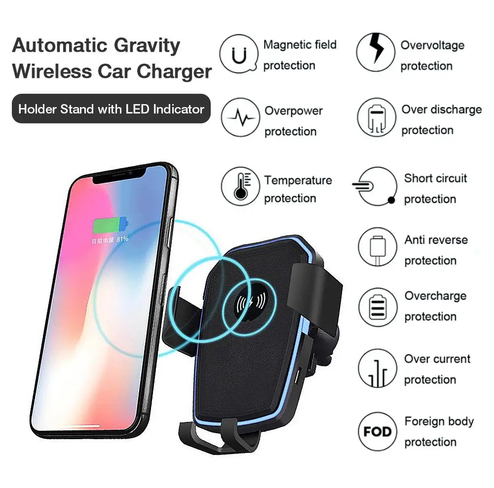 

Automatic Gravity Wireless Car Charger for iPhone Samsung Air Outlet Bracket Phone Holder Stand with LED Indicator