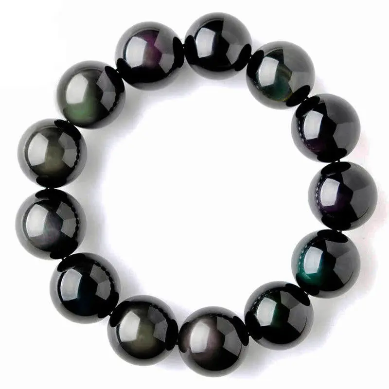 Rainbow Black Obsidian Woman Man Healing Round Beads Bracelets  (1)