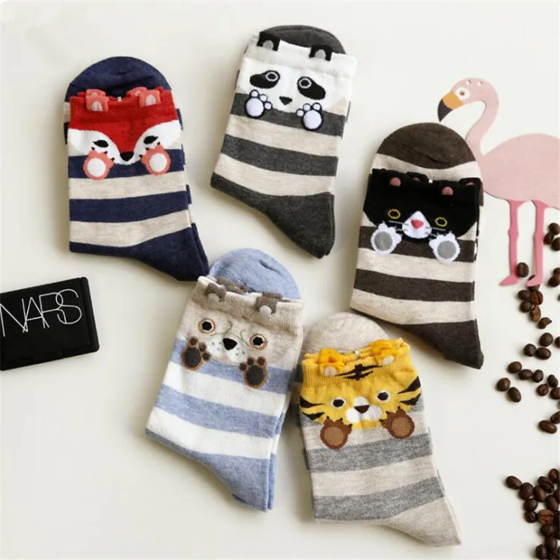 Новые модные милые хлопковые носки с рисунком панды, лисы, собаки Kawaii, креативные полосатые носки для женщин, женские забавные носки Kawaii Sokken
