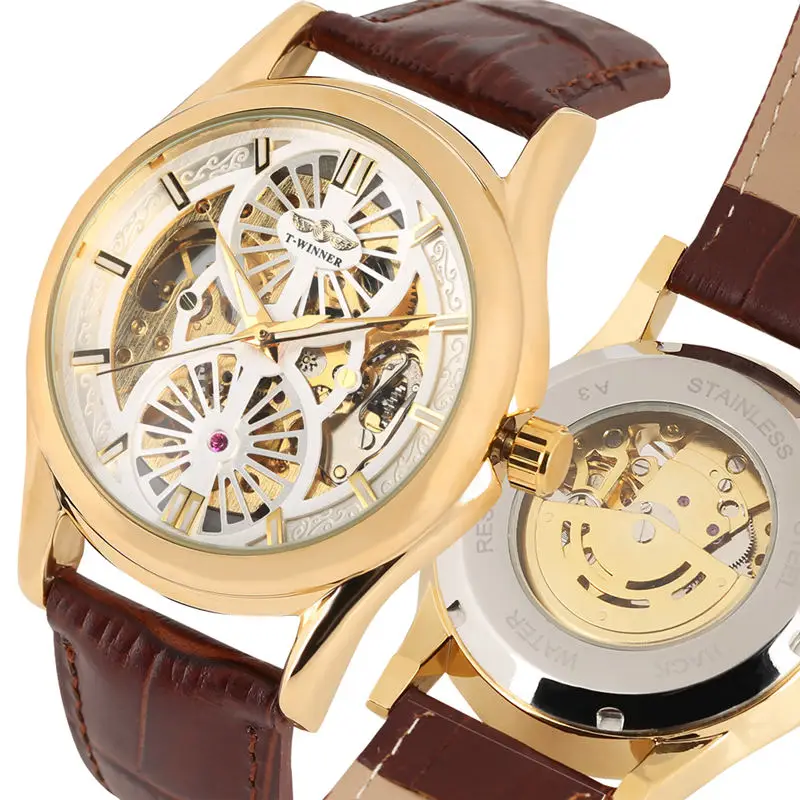 

Luxury Gold Mechanical Watches Automatic Soft Leather Band Skeleton Watch Hollow-out Dial winner reloj hombre