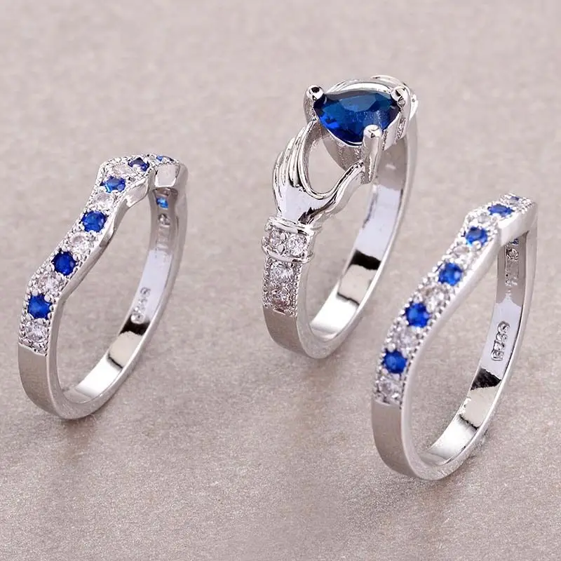 Новинка 3 в 1 модное женское кольцо Claddagh с голубым кристаллом серебряное обручальное кольцо ювелирное изделие подарок
