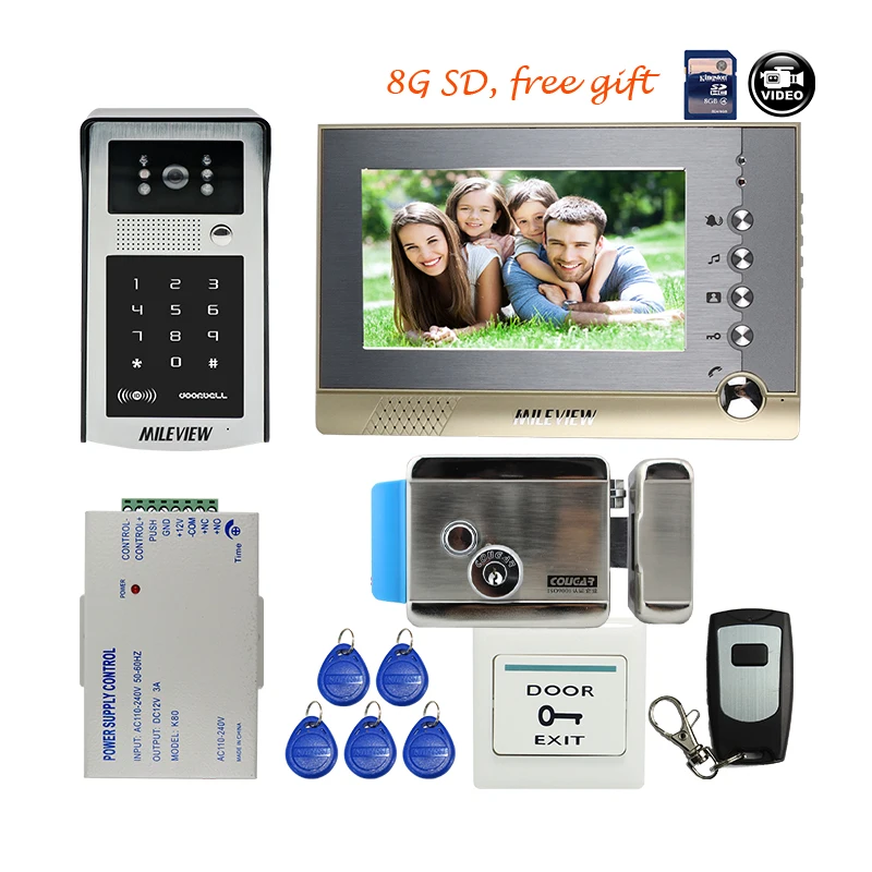 

Free Shipping 7" Screen Record Video Door Phone Intercom System + Outdoor Metal RFID Code Keypad Camera + 8G SD + Electric Lock