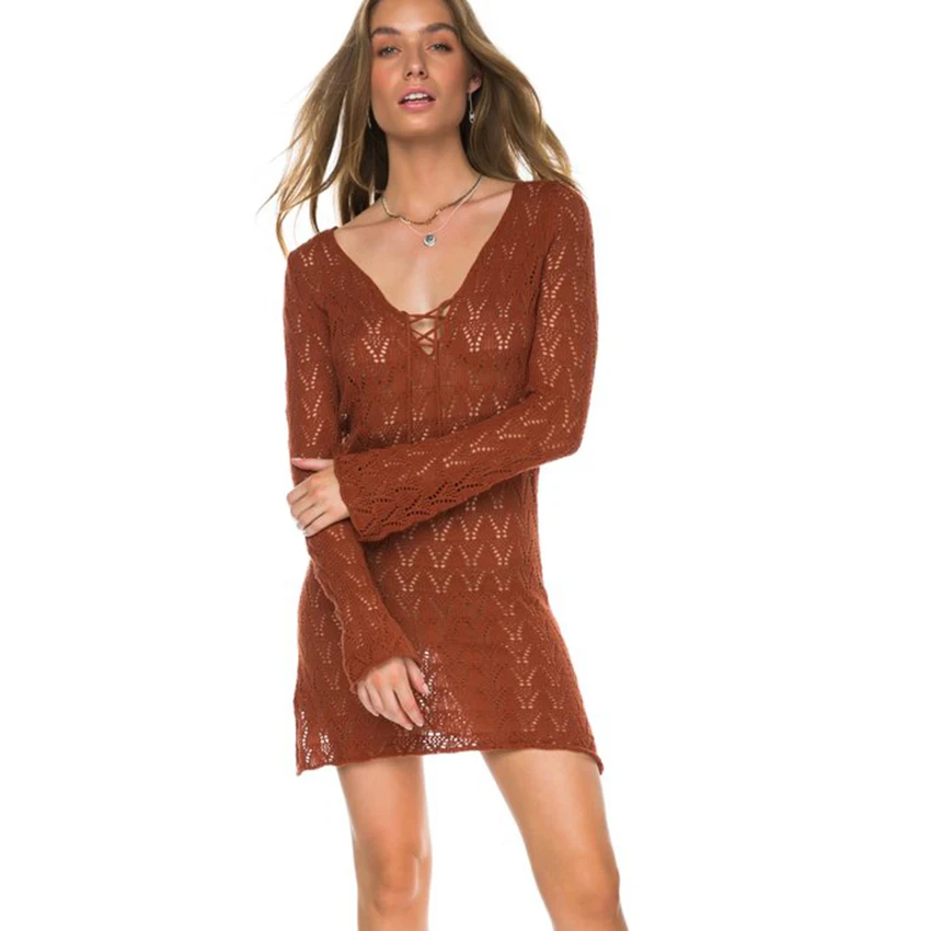 2018 Newest Knitted Beach Cover Up Long Sleeve V neck Hollow Bikini