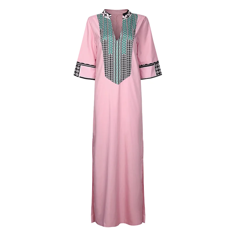 2019 Vintage Women Maxi Dress Plus Size Short Sleeves V-Neck Loose Robe Dresses Vestidos Ladies Side Split Long Boho Dresses
