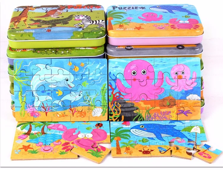 Детские игрушки четыре дизайн мультфильм головоломки железный ящик деревянный дошкольного образования Деревянные игрушки Монтессори