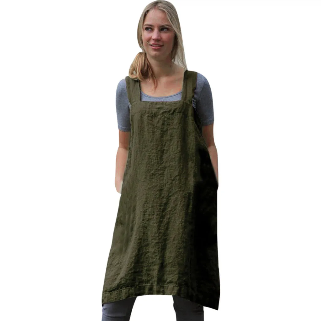 Women Cotton Tunic Dress Apron With Pockets Japanese Style Pinafore Dress