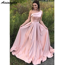 Розовые платья для выпускного вечера, ТРАПЕЦИЕВИДНОЕ атласное длинное вечернее платье с оборками на одно плечо, простое платье для выпускного вечера, Недорогое Платье vestidos de fiesta