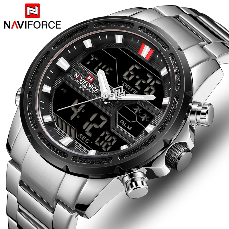 NAVIFORCE мужские часы с двойным дисплеем, мужские Роскошные Аналоговые Цифровые кварцевые часы, модные спортивные водонепроницаемые наручные часы из нержавеющей стали