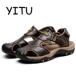 Yitu 2018 Лето Для мужчин; пляжные сандалии обувь из натуральной кожи пляжные римские сандалии открытый бренд мужской тапочки кроссовки