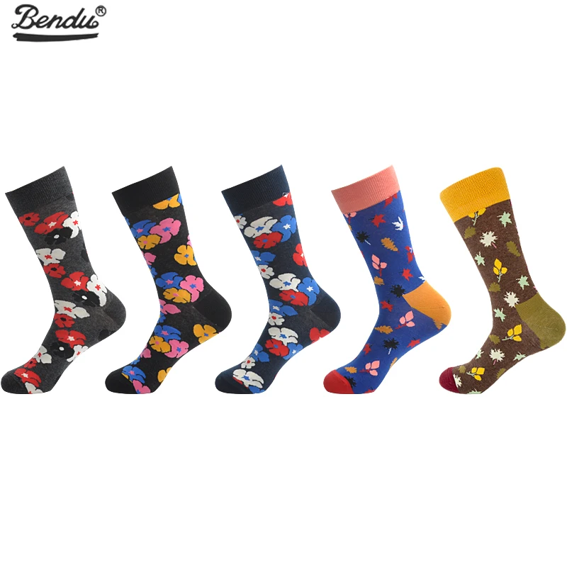 Bendu 5 Pairslot Mens Cherry Blossoms Leaves Socks Fashion Funny Long