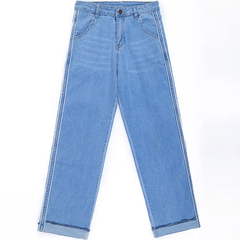 HEE GRAND Cuffs Mom Jeans for Women High Waist Side Stripe Smart Jeans Wide Leg Pockets Women Trousers Washed Loose Pants WKN595