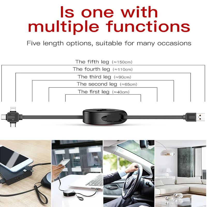 Выдвижной usb-кабель Baseus для iPhone X 8 7 6, зарядное устройство для передачи данных, шнур 3 в 1, кабель Micro USB, кабель USB type C, адаптер