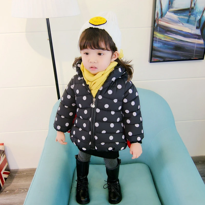 Baby girl Coat In Winter Zipper hooded Polka dot long tail hat Bow-tie pockets  cotton-padded jacket for Kids Children warmed up (21)