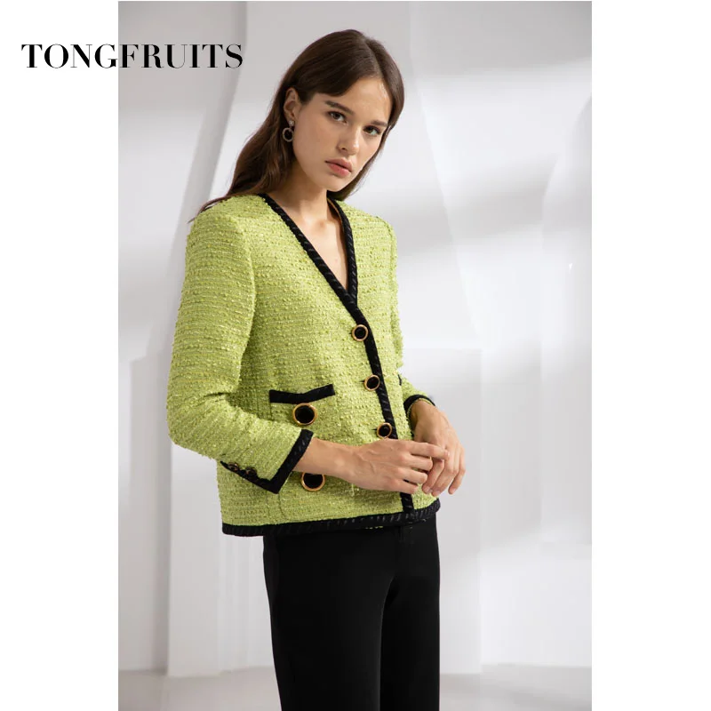 Women Autumn Elegant Retro Splice Solid Color V Neck Single Pocket Breasted Casual Suit Jacket Women Coat Female Green Outwear