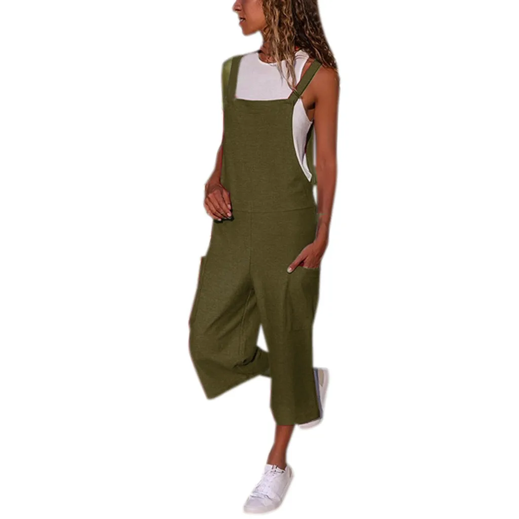 Комбинезон для женщин, повседневный комбинезон с карманами, свободный хлопковый льняной комбинезон без рукавов, Длинные вечерние комбинезоны, Mono Muje# ss - Цвет: Army Green