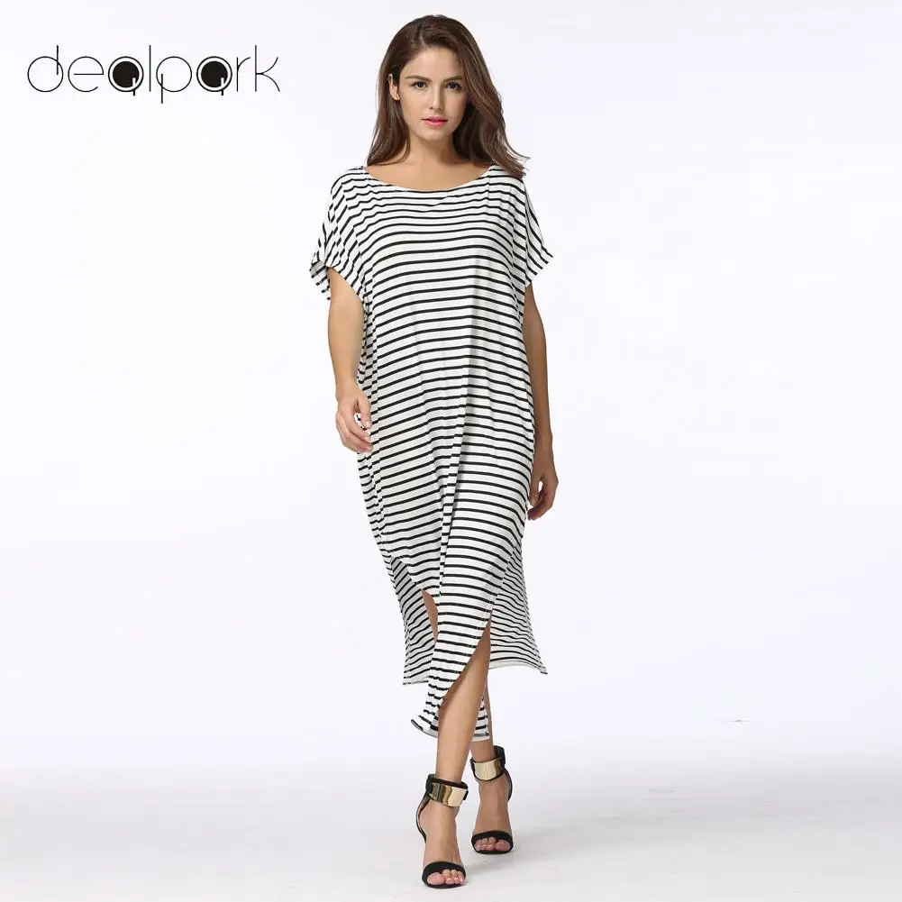 Women Asymmetric Shirt Dress Striped Batwing Sleeve Off shoulder Split