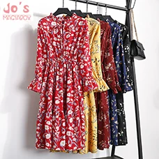 Fr-hling-Sommer-Druck-Casual-A-Line-Flare-H-lse-Frauen-Kleid-Mid-kalb-S-e