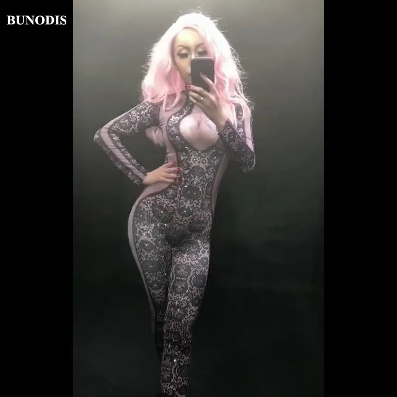 BU184 черный цветок стекло Diamond сексуальный женский комбинезон сверкающие