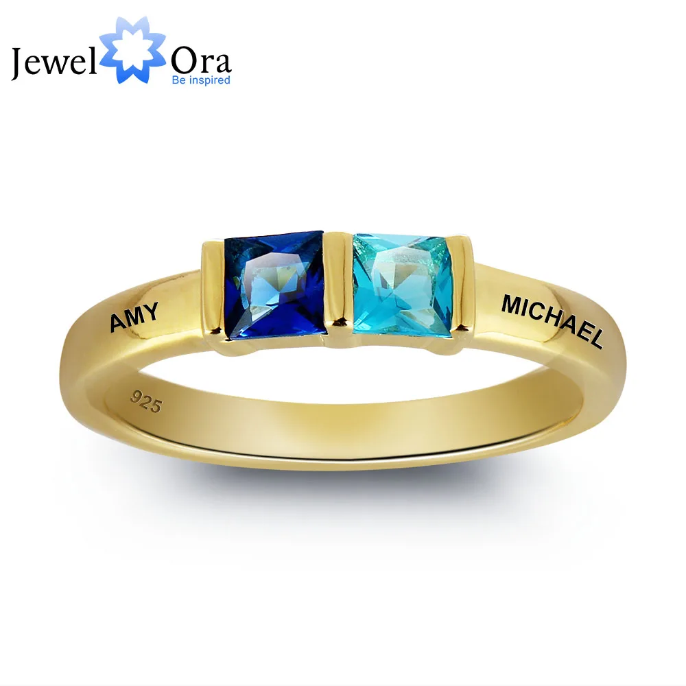 Personalized Ring 925 Sterling Silver Classic Gold Color Blue CZ Ring Only Engrave Best Valentine's Day Gift (JewelOra RI101800)