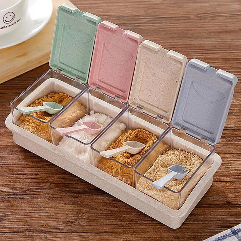 

Condiment Set Spice Box with Spoon Seasoning Salt Shaker Salt Pepper Spice Cans Kitchen Accessories Salt Spoons spice container