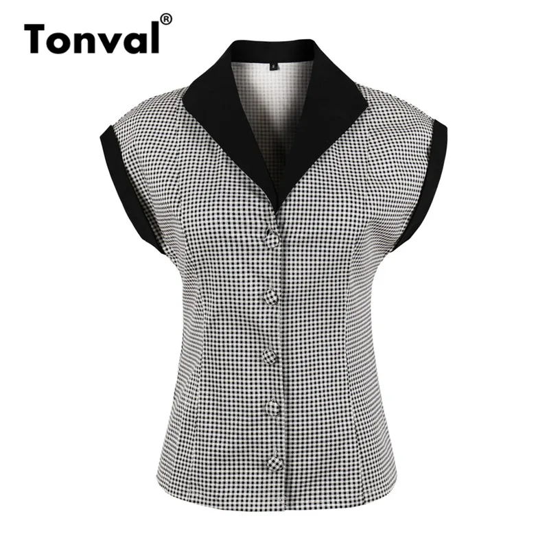 Женская клетчатая блузка Tonval винтажная офисная с коротким рукавом хлопковые