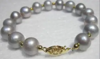 

free shipping >>>>noble jewelry NATURAL Freshwater 9-10MM NATURAL GENUINE GRAY PEARL BRACELET 14K YELLOW GOLDEN CLASP