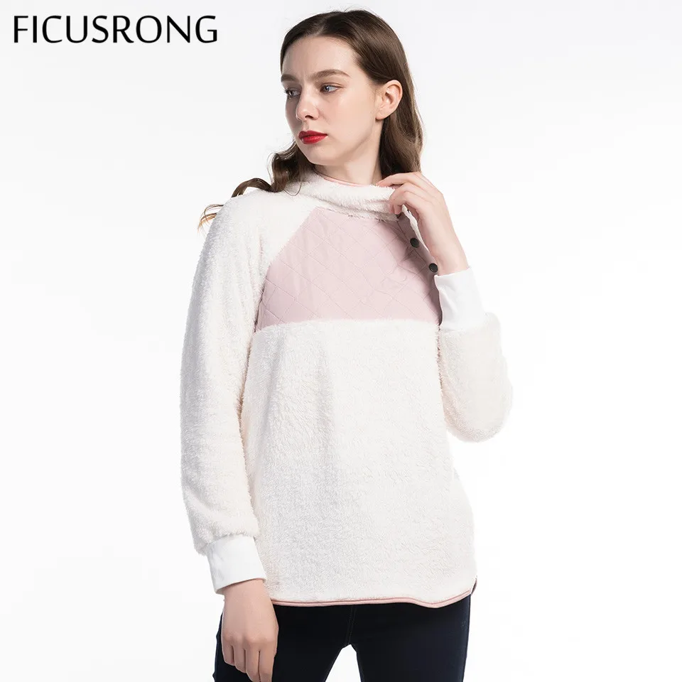 FICUSRONG New Women 2019 Hoodies Sweatshirt Spring Autumn Causal Plush Oblique Collar Patchwork Button Coat Female Pullovers FICUSRONG New Women 2019 Hoodies Sweatshirt Spring Autumn Causal Plush Oblique Collar Patchwork Button Coat Female Pullovers