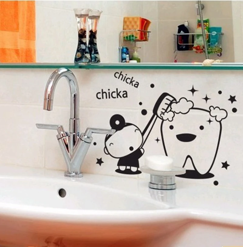 الفينيل جداريات الفن الحمام تعطي الأسنان الاستحمام الحمام ملصقات مقاومة للماء ل مضحك