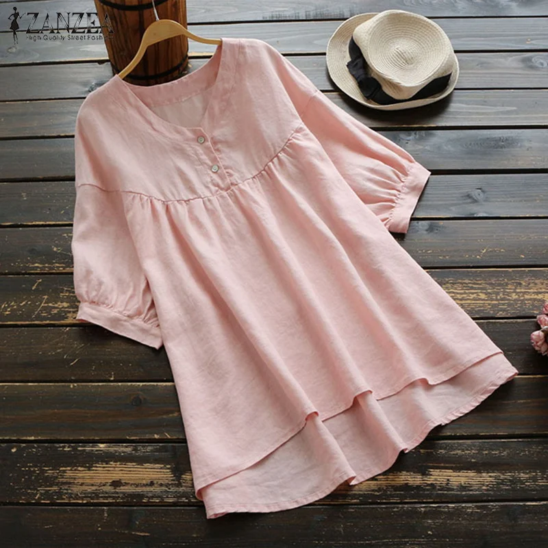 

2019 Summer ZANZEA Women V Neck Blouse Casual Short Sleeve Solid Loose Cotton Linen Top Robe Work Shirt Femme Blusas Plus Size