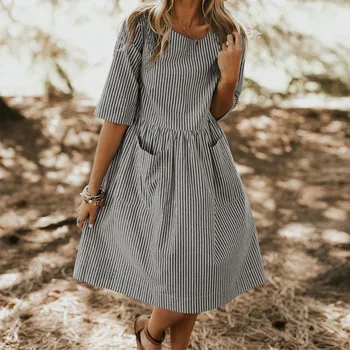 

Women Summer Dress Elegant O-Neck Half Sleeve Solid Pockets Loose Party Vestido Casual Baggy Work Striped Dress Sundress