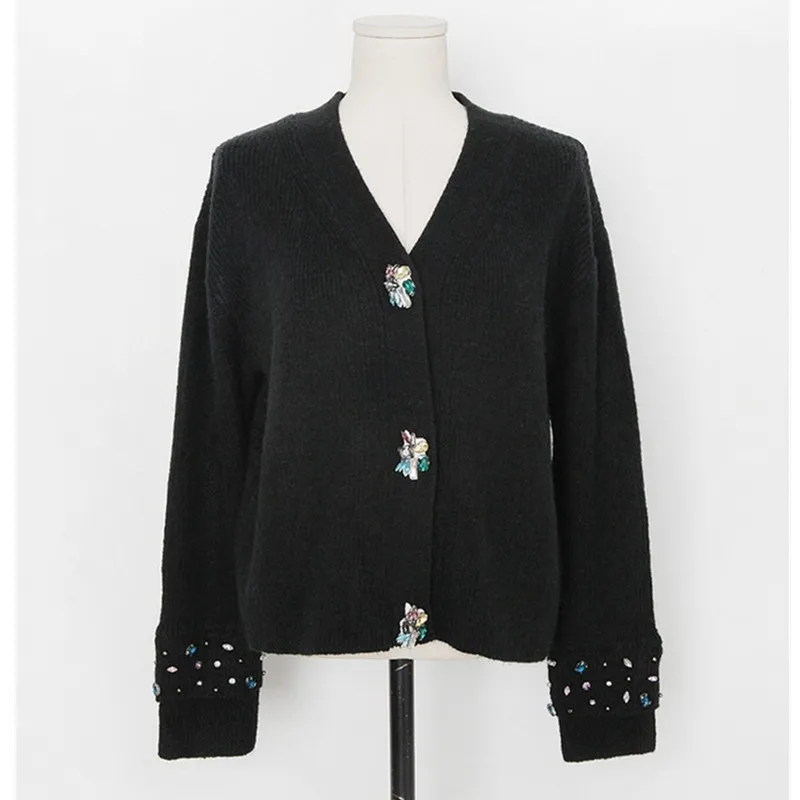 Высококачественный женский кардиган с v-образным вырезом, украшенный бриллиантами, осенне-зимний вязаный свитер, женский короткий кардиган, укороченные топы