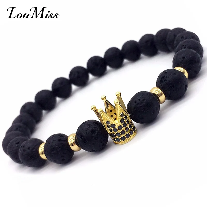 

2018 Hot Trendy Lava Stone Pave CZ Imperial Crown Bracelet Men Beads Elastic Bracelets For Women Fashion Gift LuoMiss