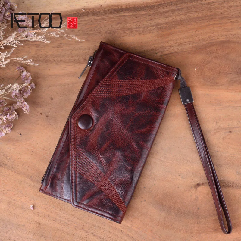 

AETOO Handmade long age Vintage men's Leather Wallet original original layer cowhide vegetable tanning hand strap buckle male