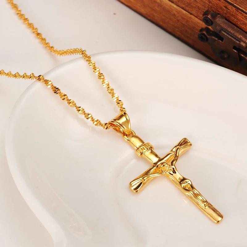 

24K Gold GF Womens Mens Jesus Crucifix Necklace Cross Pendant Chain Ripple 7 days no reason to refund