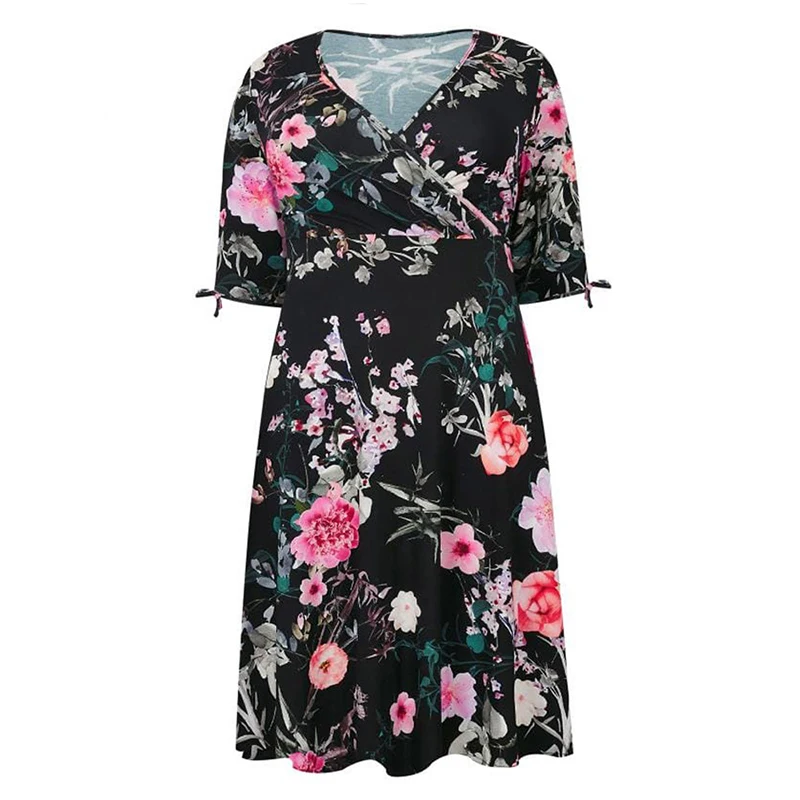 Принт глубокий v-образный вырез Boho Maxi Suandress Новое модное пляжное платье для женщин плюс размер Империя половина лук элегантная женская одежда - Цвет: Черный