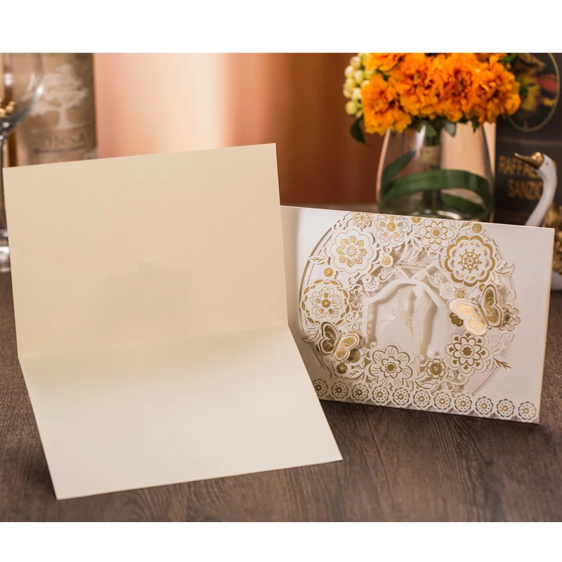 50pcs WhiteGold Bride and Groom Laser Cut Wedding Invitations Card Butterfly Elegant  Wedding Engagement Event & Party Supplies (7)