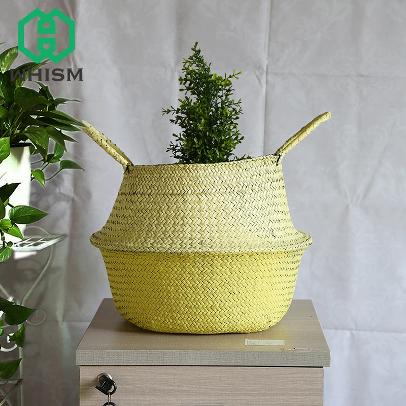 WHISM Foldable Flowerpot Seagrass Rattan Flower Pot Decorative Colorful Planter Pot Storage Basket for Home Balcony Garden Decor