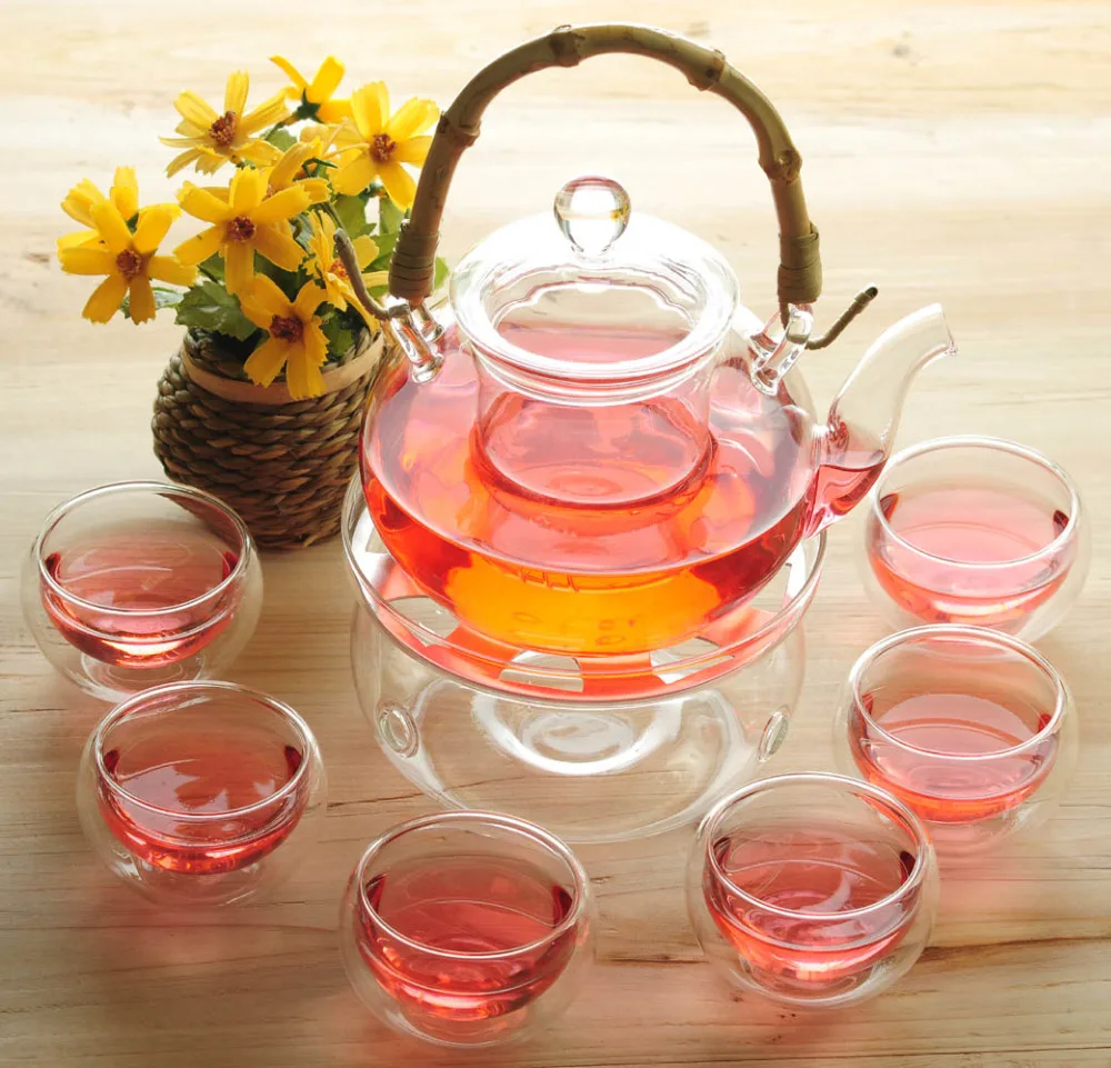 5148 5BE5 Heat Resistant Glass Tea Pot Set Infuser Teapot+Warmer+6 Tea Cup 800ML 