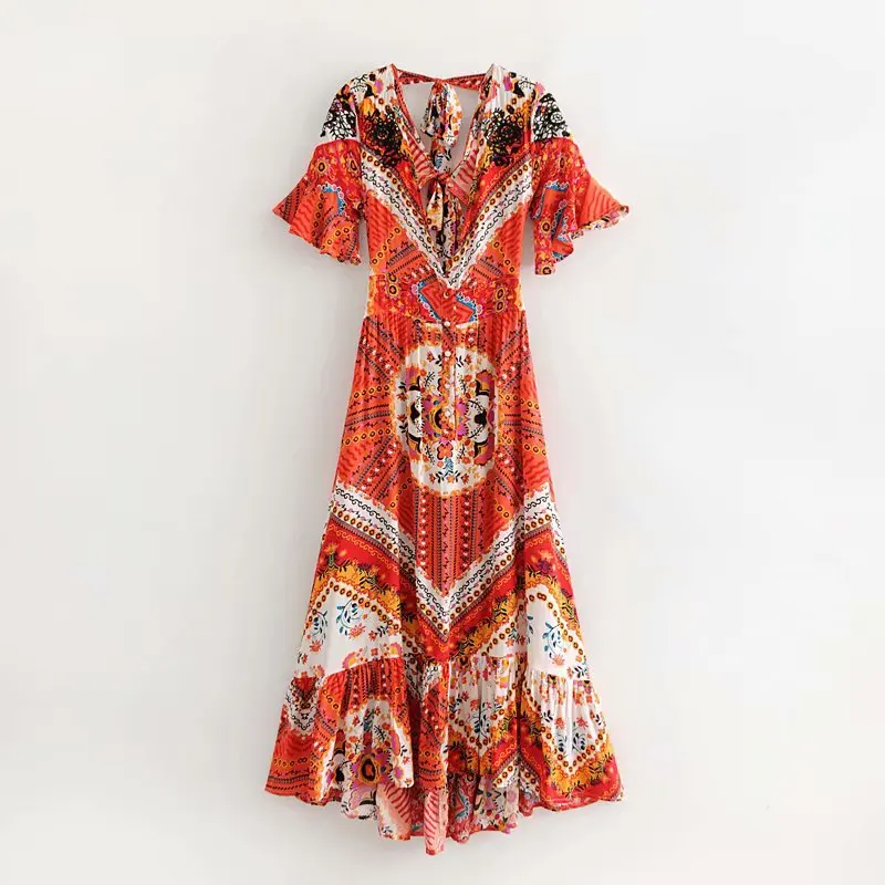 

Summer Party Dress Boho Chic Print Embroidered Sexy Backless Maxi Dresses Female Beach Robes Bohemian Party Dresses