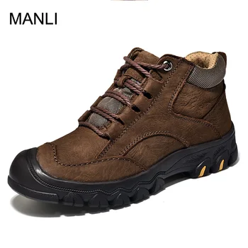 

MANLI Winter Outdoor Walking Sport Shoes Genuine Leather Men Breathable Hiking Shoes Ankle Boots Climbing Sneakers Big Size 46