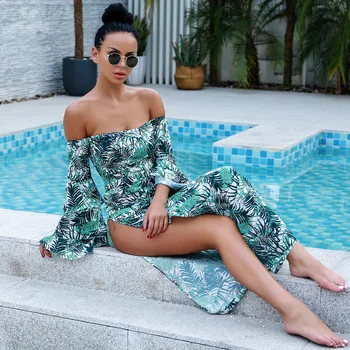 

2019 Dress Sexy Celebrity Backless Full Slit Flare Sleeve Women Print Casual Loose Slash Neck Bandage Party Dresses Wholesale