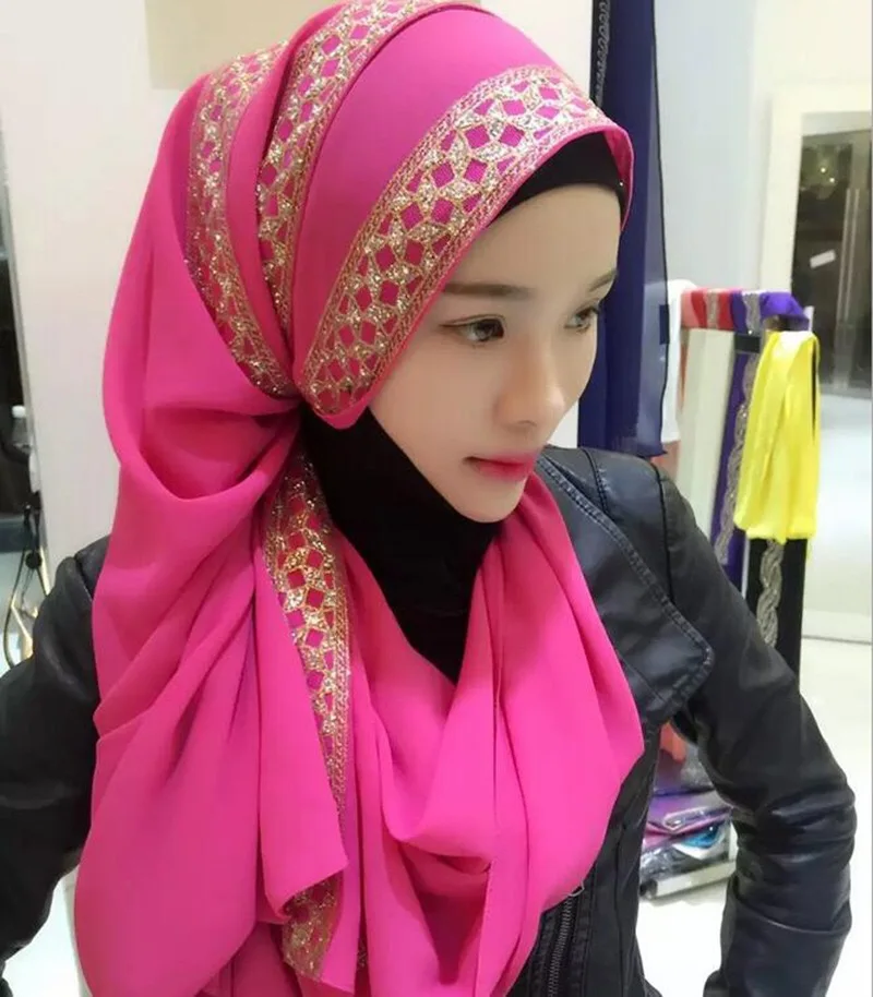 Одноцветное Цвет шифон хиджаб с кристально Shimmer Стразы шарф Обертывания мусульманские Шарфы для женщин Быстрая