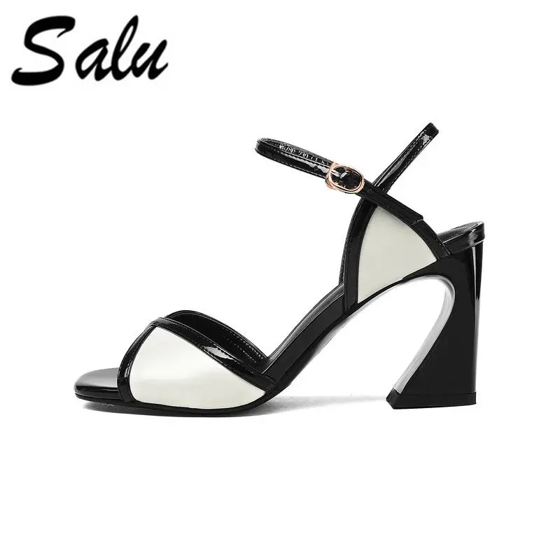 

Salu 2019 summer high heels 9cm red leaves white sandals genuine leather fashion peep toe shoes for woman ladies new