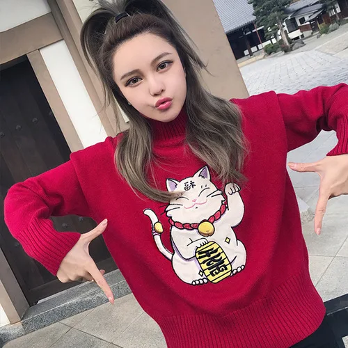 Вязаный свитеры для женщин Мода 2018 Зима японский Kawaii Cat Вышивка Водолазка пуловер