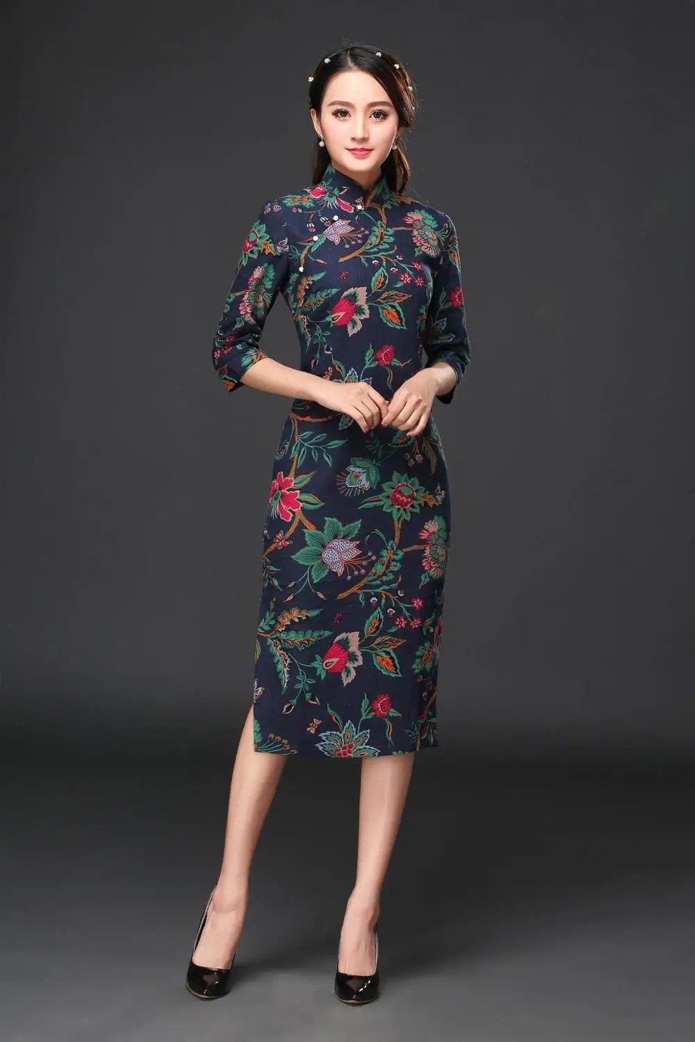 Китайское традиционное платье размера плюс 4XL, женское хлопковое льняное Cheongsam Qipao, Летнее Длинное платье с рукавом три четверти - Цвет: J