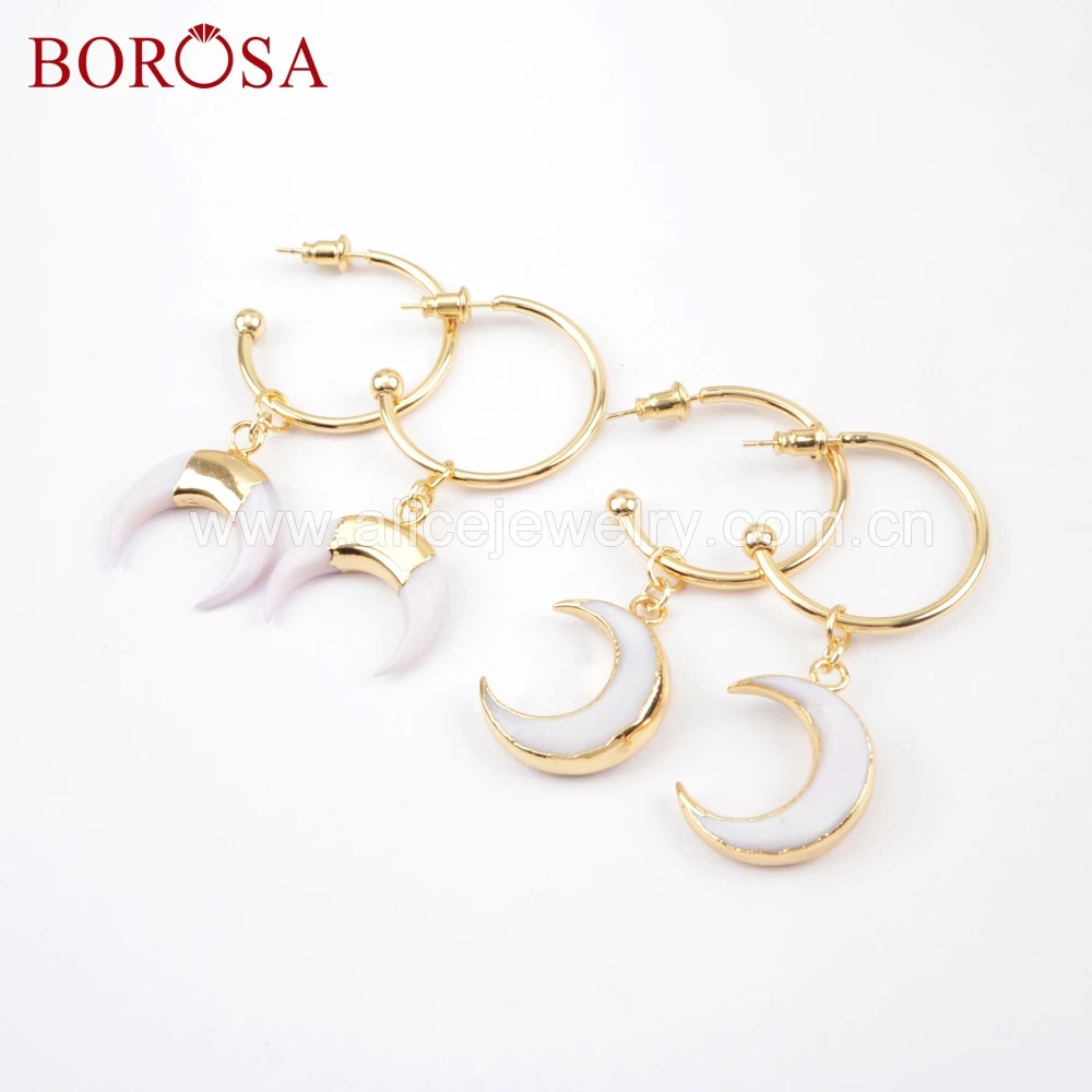 BOROSA 5 пар с золотистыми краями естественный белый в форме раковин моллюсков пуговицы с круглым Длинные висячие серьги Оптовая луна