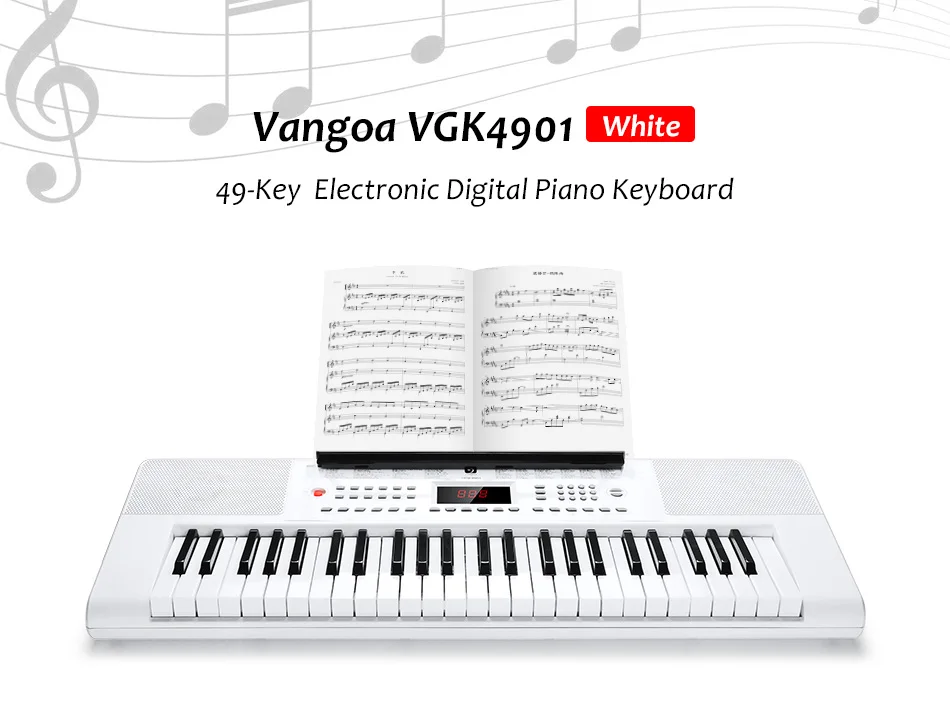 Белый 49-клавишная ЖК-дисплей Экран дисплея электронное пианино клавиатура с микрофоном и Мощность адаптер